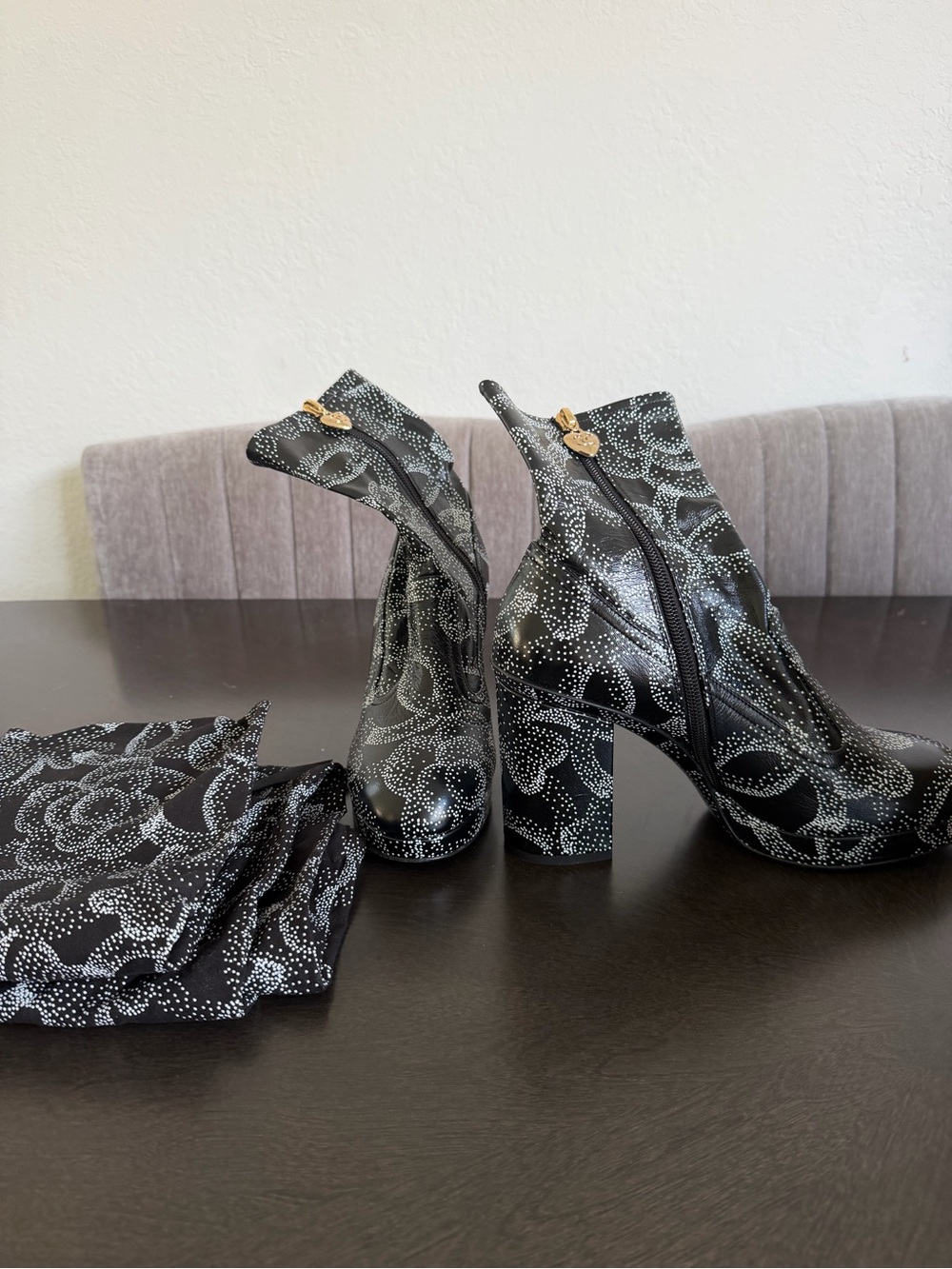 CHANEL Black and White Camellia Dot Block Heel Ankle Boots